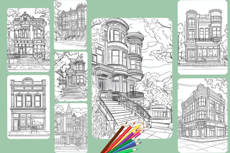 Puede incluir: Un conjunto de ocho dibujos en blanco y negro de casas de estilo victoriano. Cada dibujo est&aacute; enmarcado con un borde blanco. Los dibujos son perfectos para colorear.