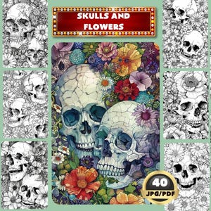 Skulls And Flowers Digital Coloring Book, Halloween Coloring, Floral Skulls Coloring, Instant Download, Grayscale Coloring, Printable PDF