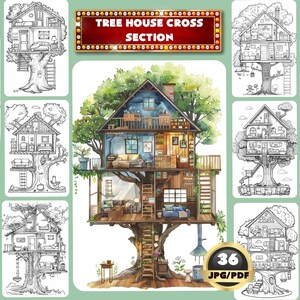 Könnte beinhalten: Eine Querschnitts-Illustration eines Baumhauses mit 36 verschiedenen Designs. Das Baumhaus ist in einen großen Baum integriert mit einer Vielzahl von Räumen und Merkmalen, darunter eine Küche, ein Wohnzimmer, ein Schlafzimmer und ein Badezimmer. Die Illustration ist in Schwarzweiß und enthält Details wie Möbel, Fenster und Türen.