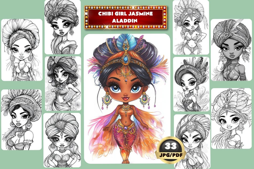Chibi Girl Jasmine Aladdin Coloring Book, Black Chibi Girl Aladdin ...