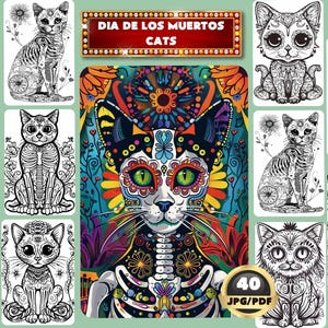 死者の日の猫のデジタルぬり絵、死者の日の猫、ハロウィーンのぬり絵、即時ダウンロード、グレースケールのぬり絵、印刷可能な PDF