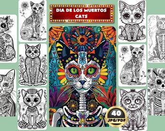 Dia De Los Muertos Cats Digital Coloring Book, Day of the Dead Cat, Halloween Coloring, Instant Download, Grayscale Coloring, Printable PDF