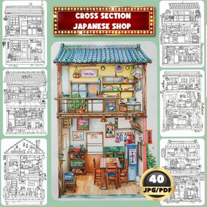 Könnte beinhalten: Detaillierte Querschnittsillustration eines japanischen Geschäfts, die das Innere mit Möbeln, Dekorationen und Waren zeigt. Das Bild enthält ein farbenfrohes, detailliertes Geschäftsinneres und mehrere Schwarz-Weiß-Strichzeichnungen ähnlicher Geschäfte. Der Text "CROSS SECTION JAPANESE SHOP" wird angezeigt.
