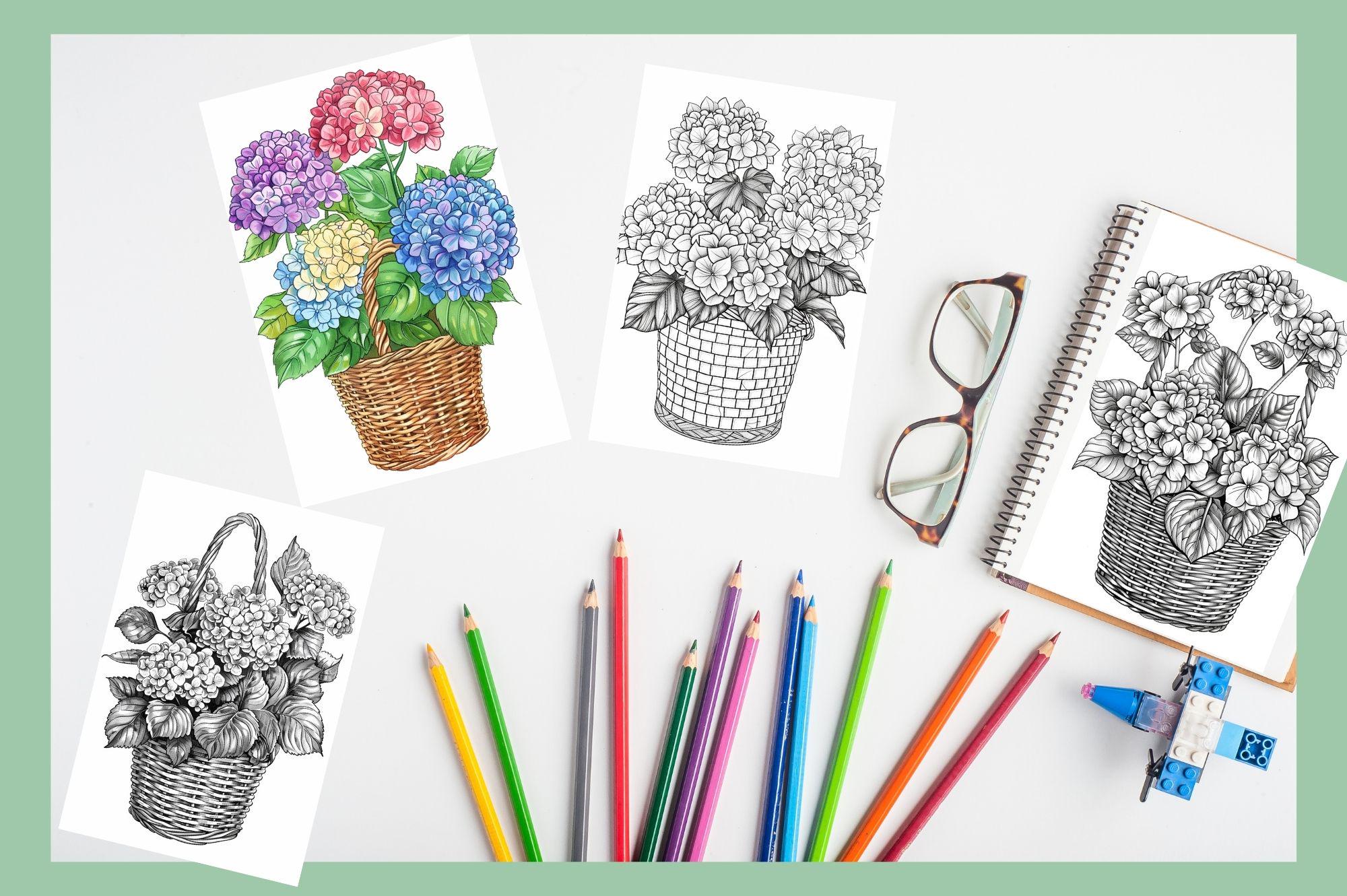 Hydrangeas in Basket Coloring Book: Relaxing Grayscale (printable PDF ...
