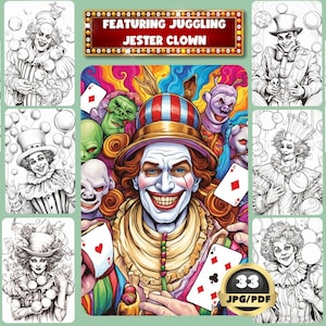 Featuring Juggling Jester Clown Coloring Book, Fantasy Halloween Art (Printable PDF)
