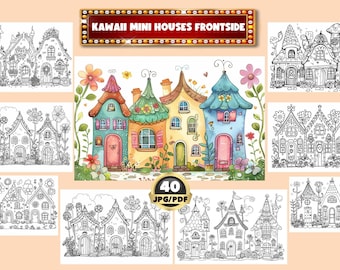 Kawaii Mini Houses Frontside Colorıng Book, Cartoon House, Digital Coloring, Instant Download, Relaxing Grayscale Coloring, Printable PDF