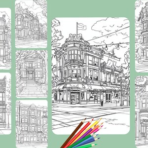 Puede incluir: Un conjunto de ocho dibujos en blanco y negro de diferentes edificios. Los dibujos est&aacute;n en un estilo de libro para colorear, con contornos y sin sombreado. Los edificios son de diferentes estilos, incluyendo victoriano, moderno y tradicional.