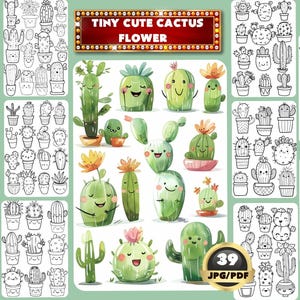 May include: A set of 39 black and white printable coloring pages featuring cute cactus illustrations. The pages are perfect for adults and children who enjoy coloring. The title "Tiny Cute Cactus Flower" is displayed at the top of the image.