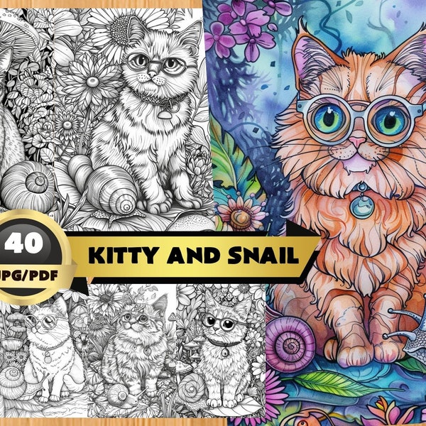 Kitty And Snail Coloring Book, Cat with Glasses Coloring Pages for Adults Kids, Garden Grayscale Coloring, Printable PDF, Instant Download