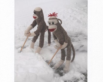 Sock Monkey Card Shovelling the Driveway