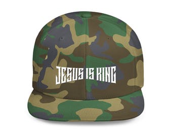 Jesus is King Camo Snapback: Christian Embroidered Flat Bill Hat