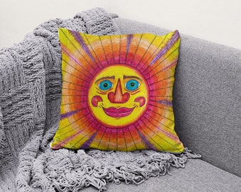 Fun Bright Sunshine Pillow Original Artwork, Yellow and Orange Funky Happy Smiling Day Sun