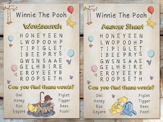 Juego de 10 sopas de letras de Winnie The Pooh y hoja de respuestas
