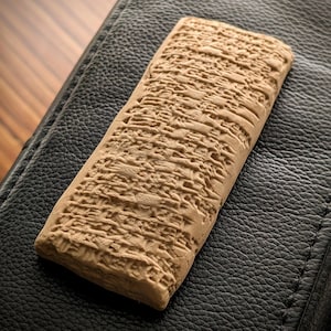 May include: A rectangular tan clay tablet featuring rows of impressed cuneiform script across its surface. The tablet has a textured, matte finish with visible indentations forming wedge-shaped characters arranged in horizontal lines across the face.