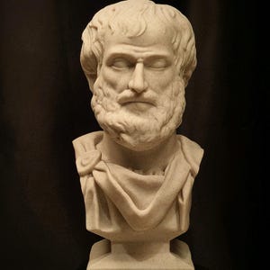 Op de afbeelding: Een beige buste van een man met een baard en krullend haar, waarschijnlijk een filosoof of historische figuur. De sculptuur staat op een zwarte basis, met een donkere achtergrond. De buste heeft een gedetailleerd gezicht en gedrapeerde kleding.