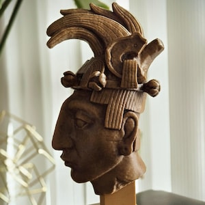 Mesoamerican King Pakal Maya Head Bust Sculpture - Hand-Painted Clay Composite Replica of Ancient Palenque Artwork for Home or Office Decor