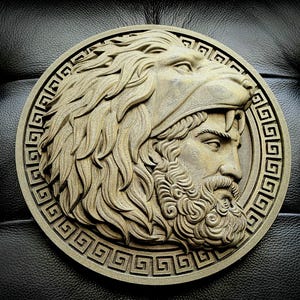May include: A wooden carving of a man's head with a lion's mane, set in a round frame with a Greek key border.