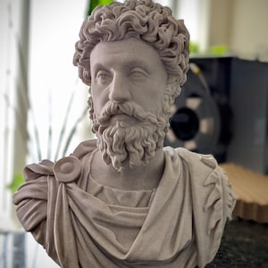 May include: A detailed bust of a man with curly hair and a beard, sculpted in a light beige color. The sculpture features a draped garment and is likely a classical or historical figure.