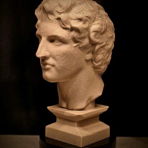 May include: A tan-colored bust of a classical figure, featuring detailed facial features and curly hair. The sculpture is mounted on a square pedestal and a black circular base, set against a dark background. The bust is a decorative item.
