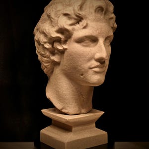 May include: A tan-colored bust of a classical male figure with curly hair, set on a square pedestal. The sculpture has a smooth, detailed face and is displayed against a dark background.