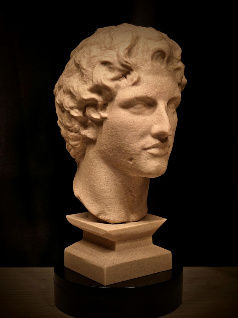 May include: A tan-colored bust of a classical male figure with curly hair, set on a square pedestal. The sculpture has a smooth, detailed face and is displayed against a dark background.