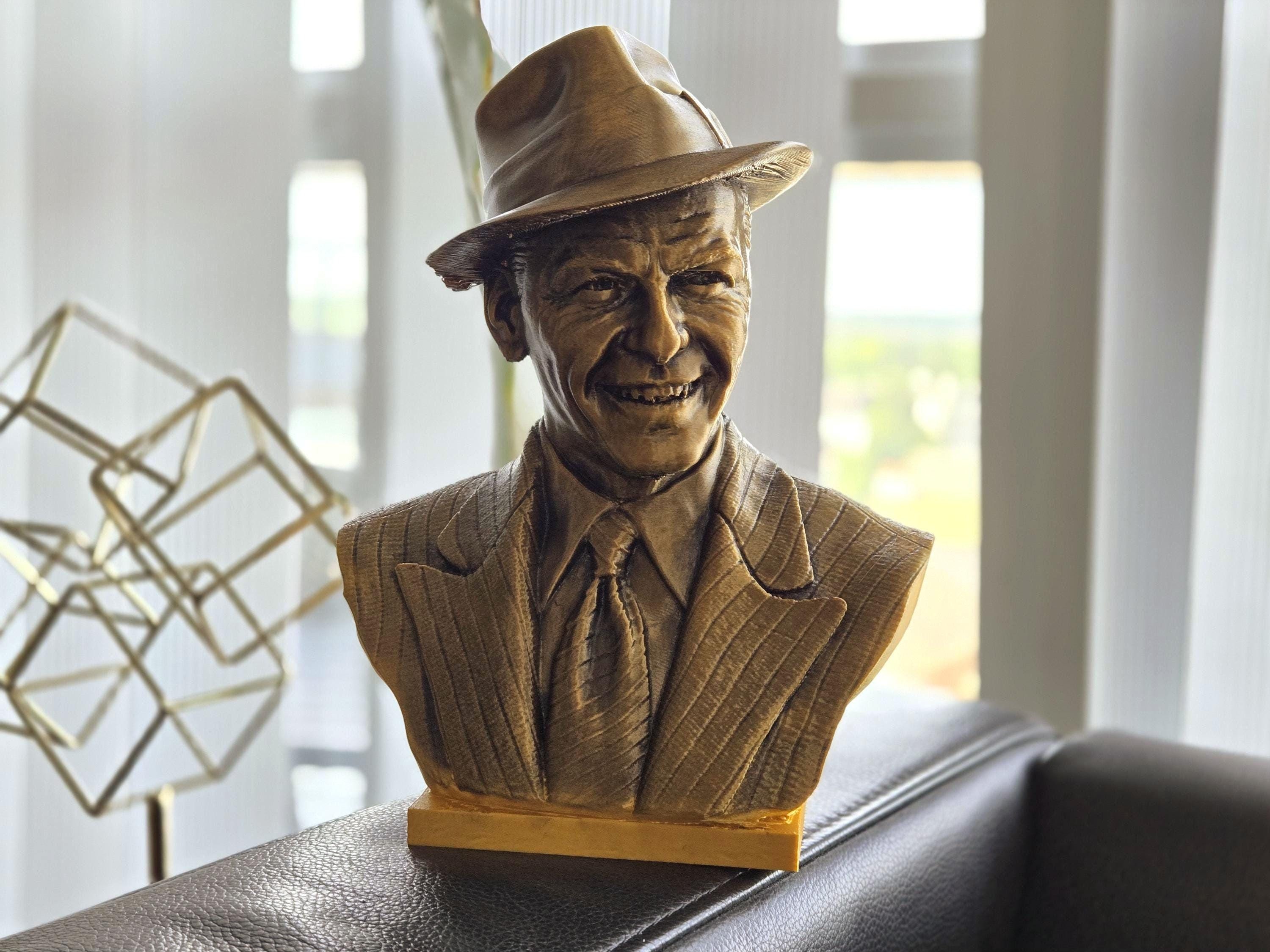 Golden Bronze Bust of Frank Sinatra - Iconic American Hollywood Jazz Singer Art Statuette - Man Cave, Bar & Office Decor - Music Lover Gift