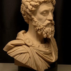 May include: A tan-colored bust of a man with a curly hairstyle and a full beard. The sculpture depicts a Roman emperor, wearing a draped garment fastened with a circular clasp. The bust is mounted on a black base, showcasing classical art.