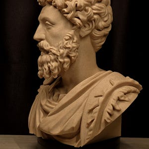 May include: A tan-colored bust of a man with curly hair and a beard, sculpted in the classical style. The bust features detailed facial features and is draped with a toga. The sculpture is mounted on a black base, set against a dark background.