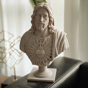 Schöne Büste des Heiligen Herzens von Jesus - Christliche Statue aus Marmorverbundstoff - Religiöses Wohndekor