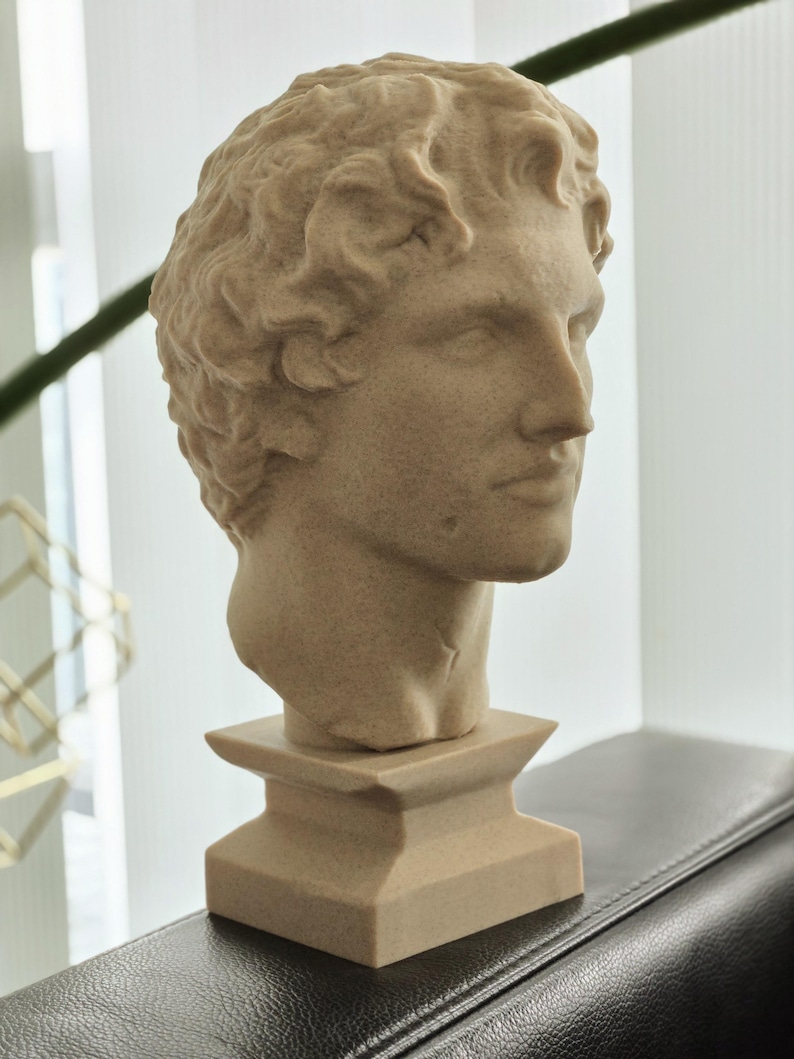 May include: A beige-colored bust of a classical male figure. The sculpture features detailed facial features, curly hair, and a square pedestal base. The bust is a decorative item, suitable for home decor.