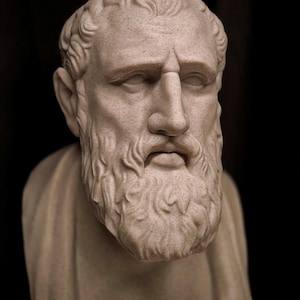 May include: A light beige bust of a man with a full beard and curly hair. The sculpture is set against a black background. The man has a serious expression. The sculpture is a classical style.
