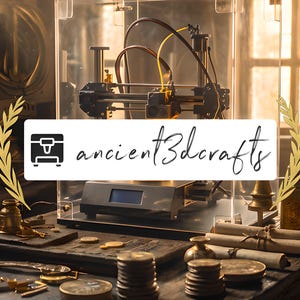 May include: A 3D printer inside a clear enclosure, with the text "ancient3dcrafts" on a white banner. The scene is set in a workshop with antique decor, including brass objects and wooden shelves.