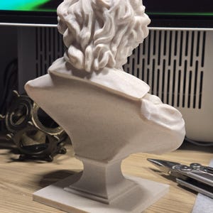 May include: A white plaster bust of a person with curly hair. The bust is on a square base.