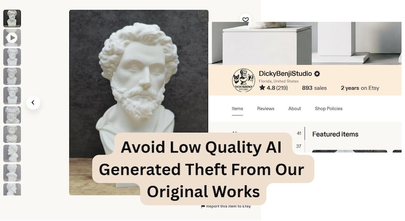 May include: A white bust of a man with a beard and curly hair. The image includes text that reads "Avoid Low Quality AI Generated Theft From Our Original Works." The Etsy shop name "DickyBenjiStudio" is also visible.