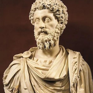 May include: A marble bust of a man with curly hair and a full beard. The sculpture features detailed facial features and is draped in classical robes. The bust is set against a dark brown background, highlighting the off-white color of the marble.