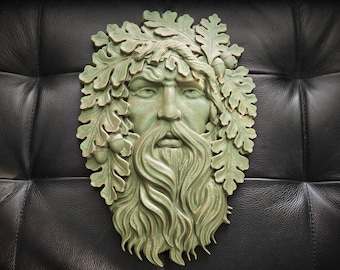 Green Man Wall Sculpture – Mythical Nature Spirit Decor with Oak Leaves and Acorns