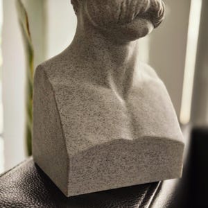 May include: A gray stone bust sculpture of a person with a mustache. The bust is on a dark surface.