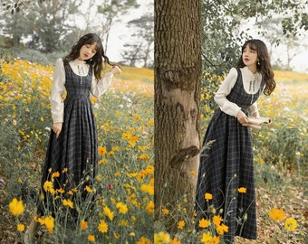 Robe à carreaux d’inspiration vintage avec manches | Robe d'été à carreaux pleine longueur avec bordure en dentelle et encolure carrée | Mode bohème pour toutes les saisons