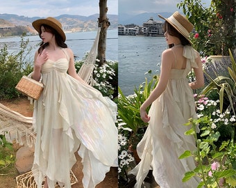 Elegantes französisches Kleid | Sommerfee Boho I Fließendes Modekleid | Romantische Vestidos | Romantisches böhmisches Kleid | Luftiges rückenfreies Sommerkleid