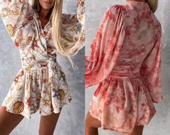 2-Piece Chic Beach Romper Set | Women's Summer Casual Playsuit | Bohemian Holiday Outfit | Fashion Print Lantern Sleeve Short Dress