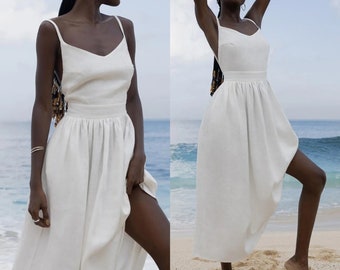 Vestido de lino de verano | Elegante Blanco Sin Mangas | Vestido de novia informal en la playa | Vestido de verano relajado sin espalda para mujer | Vestido bohemio elegante