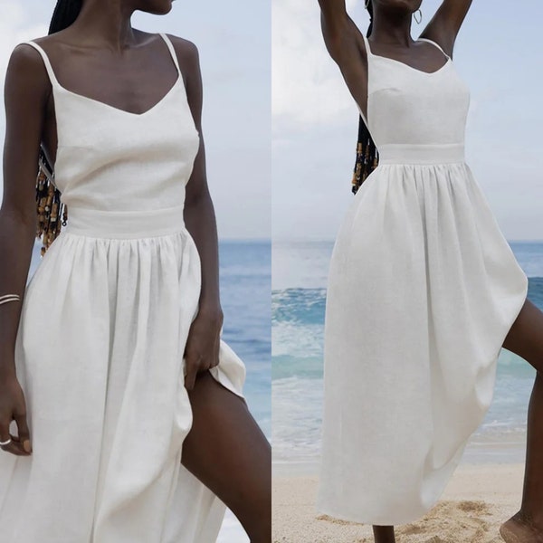 Summer Linen Dress | Elegant White Sleeveless | Casual Beach Wedding Dress | Women’s Relaxed Backless Sundress | Chic Bohemian Dress