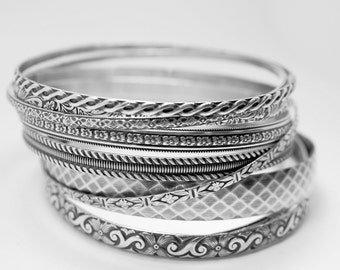 9 bangle patterned bangle bracelets made from Sterling silver