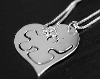 Heart with puzzle piece double necklace argentium silver sterling silver