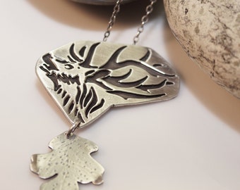 Argentium silver tattoo designed elk pendant with copper and leaf ooak