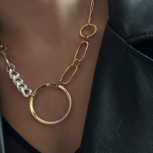 Statement Necklace with Mixed Metals, 24K Gold and 925 Silver Coating, Large Circle Pendant & Chain with Mixed Links, Bold Jewelry for Her
