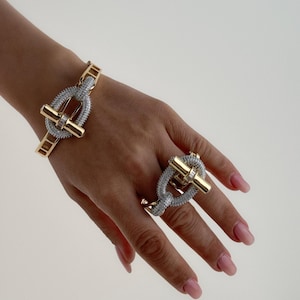 Carabiner Ring and Bracelet Set, Two Finger Carabiner Ring, Bold Statement Jewelry, Shiny Adjustable Carabiner Bracelet, Unique Gift for Her