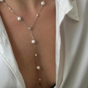 Freshwater Pearl Y Necklace, Bridal Lariat Necklace, Wedding Jewelry for Bride, Dainty Pearl Pendant, Women&#39;s Elegant Necklace, Gift for Her