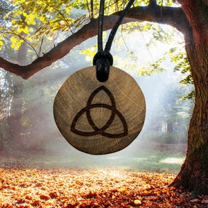 Handmade Oak Pendant with  Trequetra Celtic Trinity Symbol. 4 sizes available. Pagan, druid, wicca, Celtic gift, Amulet. necklace