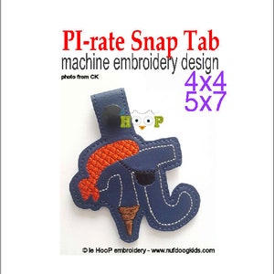 PI-rate Snap Tab Key Fob Machine Embroidery Applique Design 4x4 5x7 PI Day March 14 314 Math PIDAY 3.14